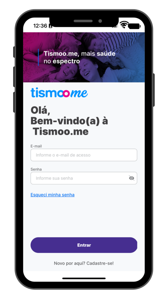 Tela de login do aplicativo Tismoo, que promove mais saúde no espectro do autismo.