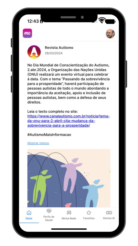 Tela do feed de conteúdo do aplicativo Tismoo, que promove mais saúde no espectro do autismo.
