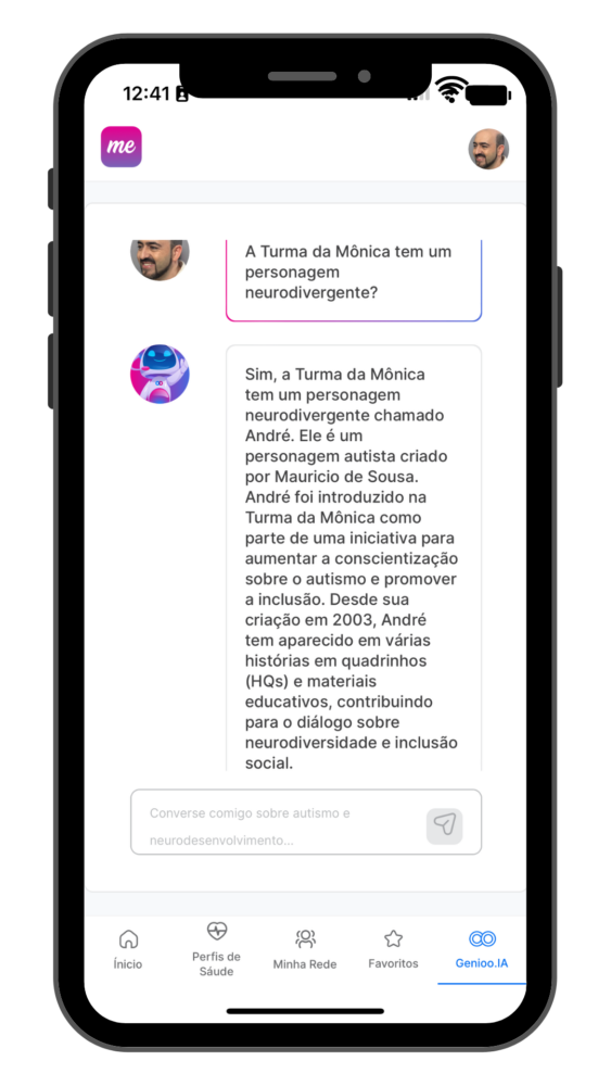 Tela de chat com a inteligência artificial Genioo do aplicativo Tismoo, que promove mais saúde no espectro do autismo.