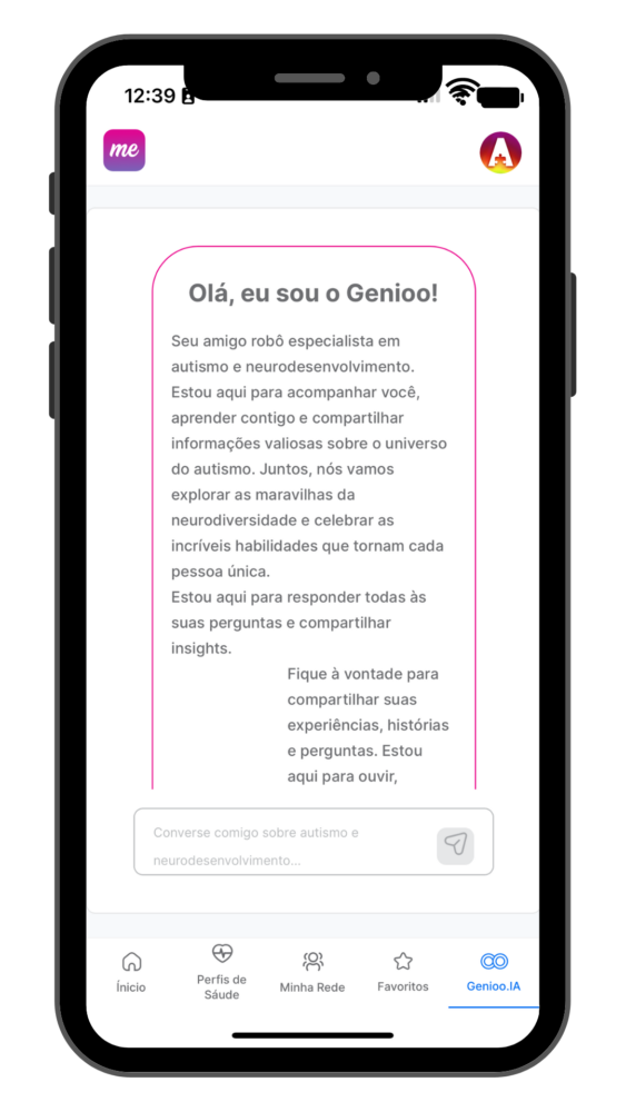 Tela de chat com a inteligência artificial Genioo do aplicativo Tismoo, que promove mais saúde no espectro do autismo.