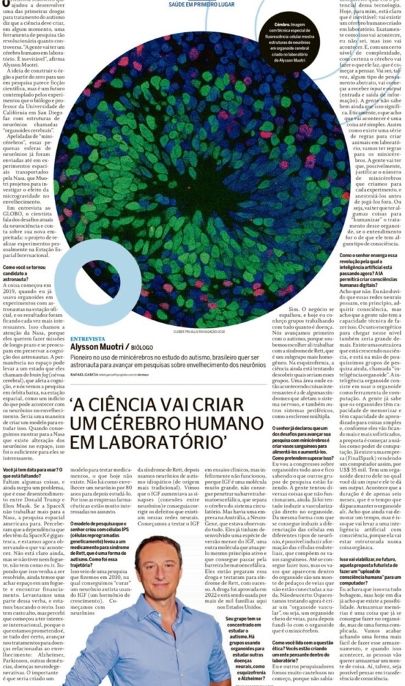 O Globo destaca: Muotri projeta futuro com cérebro humano em laboratório — Tismoo